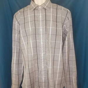Bugatchi Shaped Fit Size L‎ Grey with Dark Grey and White Stripes Dress Shirt